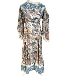 Cottagecore Patchwork Floral Maxi Dress Lace Trim Long Sleeve S/M